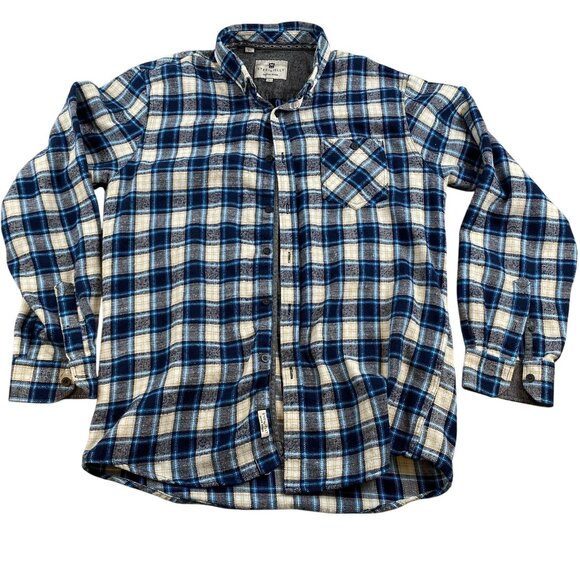 Steel and Jelly Mens Flannel Shirt Large Blue & White Plaid Button-Up Long Sleev - Picture 1 of 9